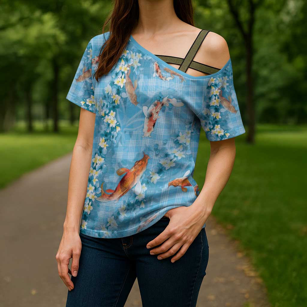 Blue Palaka Hawaiian And Japanese Cross Shoulder Shirt Sakura Lei With Koi Fish DT05 - Polynesian Pride