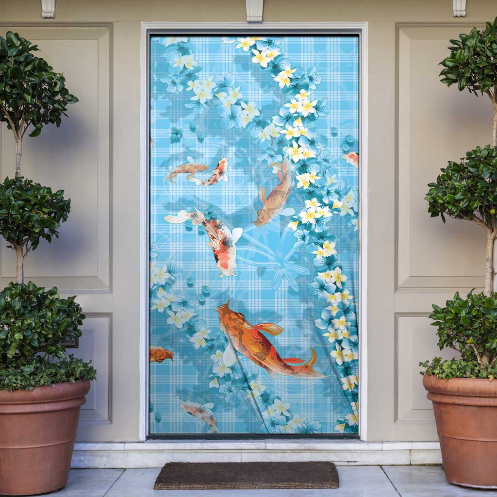 Blue Palaka Hawaiian And Japanese Door Cover Sakura Lei With Koi Fish DT05 Blue - Polynesian Pride