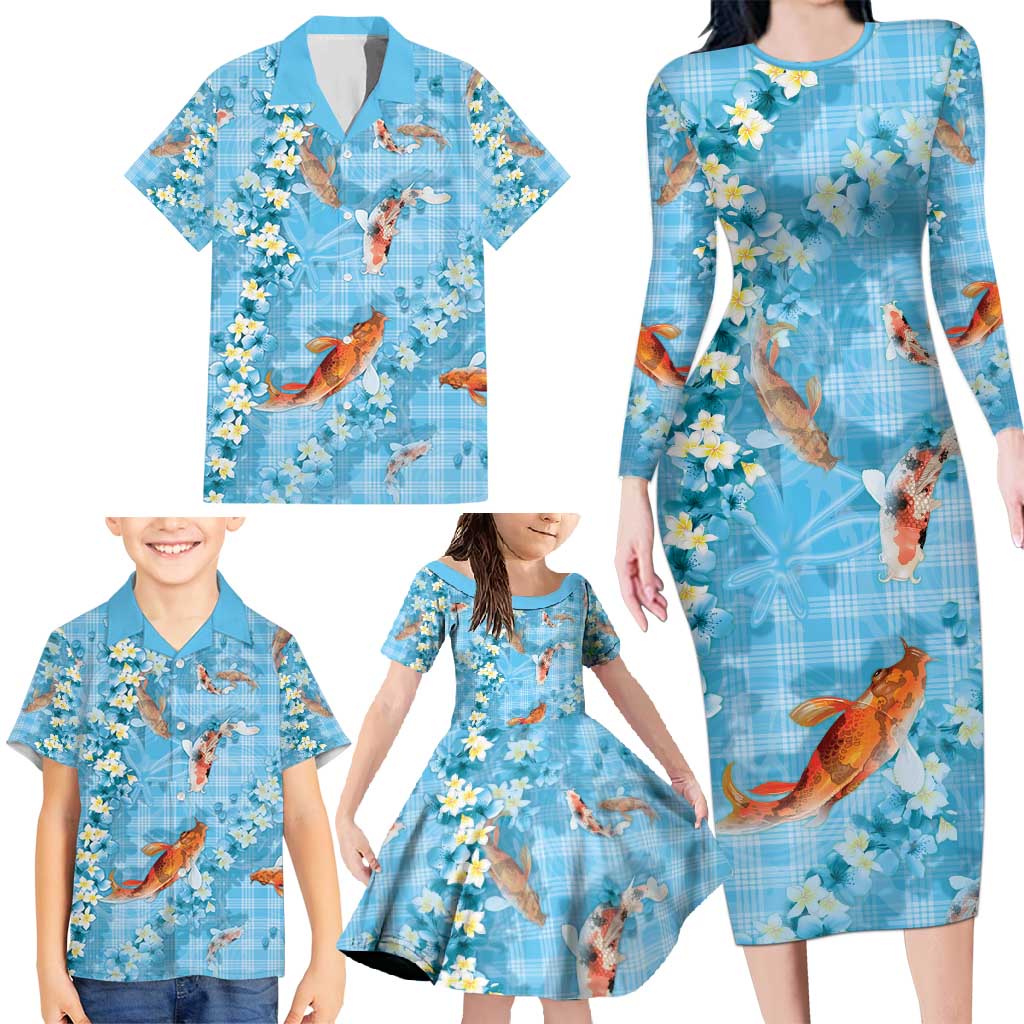 Blue Palaka Hawaiian And Japanese Family Matching Long Sleeve Bodycon Dress and Hawaiian Shirt Sakura Lei With Koi Fish - Polynesian Pride