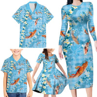 Blue Palaka Hawaiian And Japanese Family Matching Long Sleeve Bodycon Dress and Hawaiian Shirt Sakura Lei With Koi Fish - Polynesian Pride