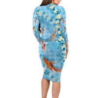 Blue Palaka Hawaiian And Japanese Family Matching Long Sleeve Bodycon Dress and Hawaiian Shirt Sakura Lei With Koi Fish - Polynesian Pride