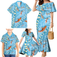 Blue Palaka Hawaiian And Japanese Family Matching Mermaid Dress and Hawaiian Shirt Sakura Lei With Koi Fish - Polynesian Pride