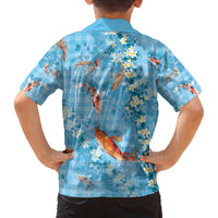 Blue Palaka Hawaiian And Japanese Family Matching Off The Shoulder Long Sleeve Dress and Hawaiian Shirt Sakura Lei With Koi Fish - Polynesian Pride