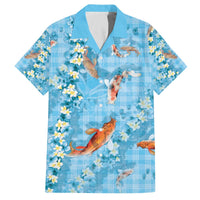 Blue Palaka Hawaiian And Japanese Family Matching Off The Shoulder Long Sleeve Dress and Hawaiian Shirt Sakura Lei With Koi Fish - Polynesian Pride