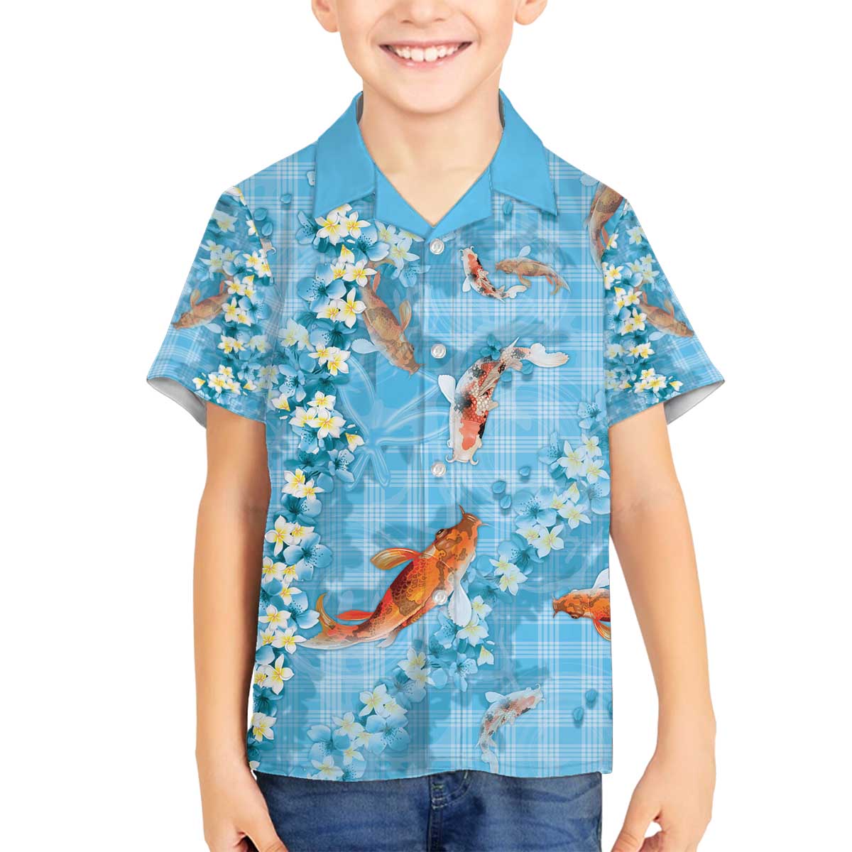 Blue Palaka Hawaiian And Japanese Family Matching Off The Shoulder Long Sleeve Dress and Hawaiian Shirt Sakura Lei With Koi Fish - Polynesian Pride