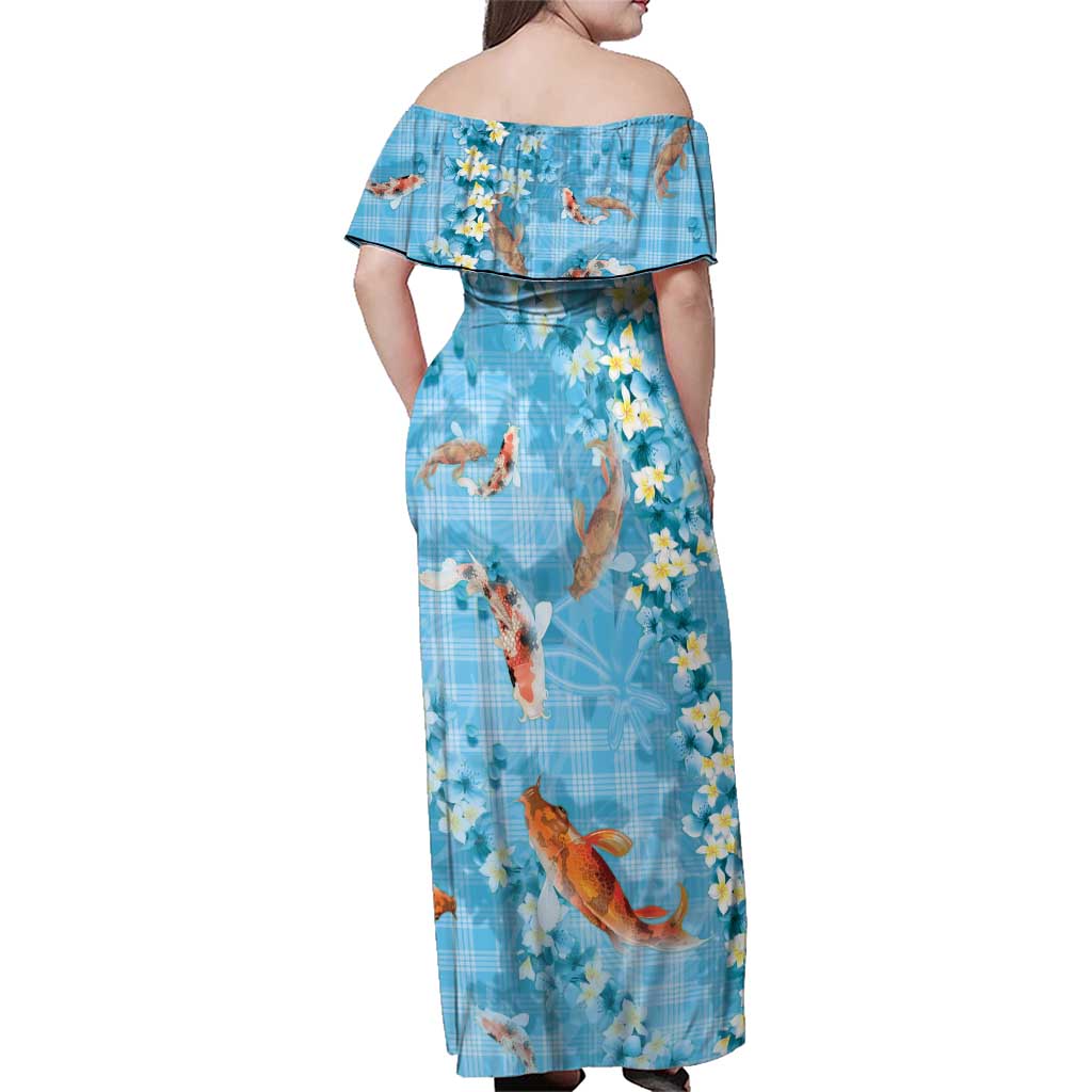 Blue Palaka Hawaiian And Japanese Family Matching Off Shoulder Maxi Dress and Hawaiian Shirt Sakura Lei With Koi Fish - Polynesian Pride