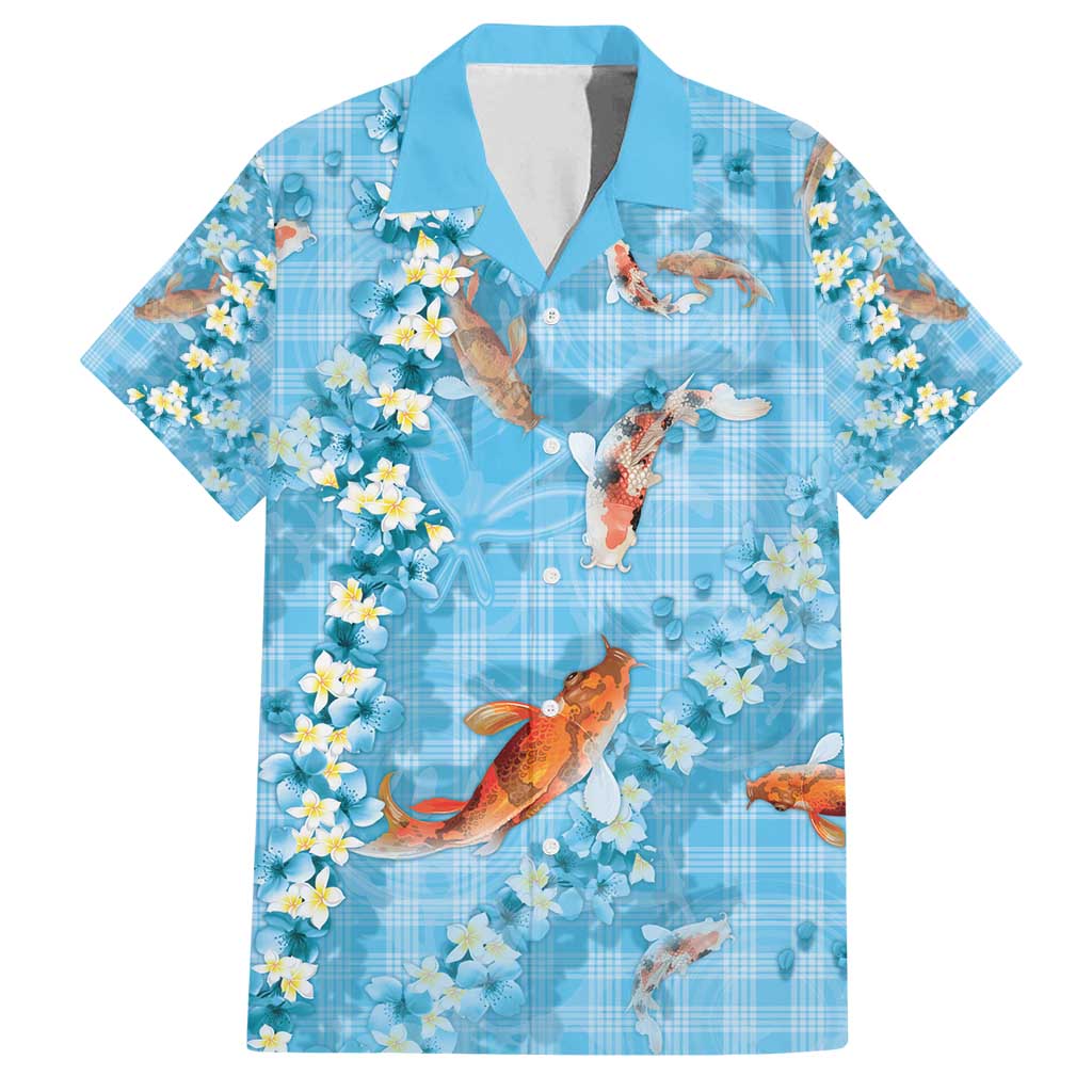 Blue Palaka Hawaiian And Japanese Family Matching Off Shoulder Short Dress and Hawaiian Shirt Sakura Lei With Koi Fish - Polynesian Pride