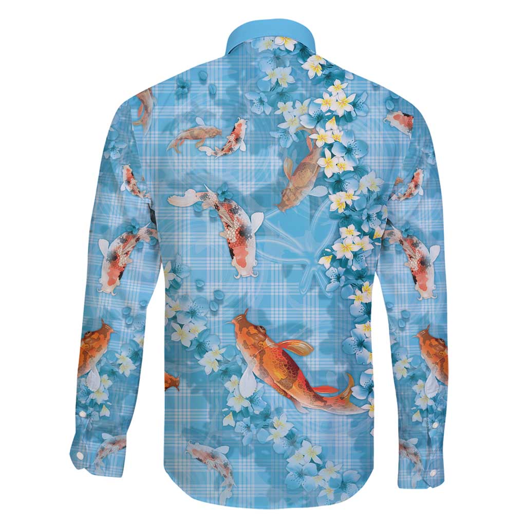 Blue Palaka Hawaiian And Japanese Family Matching Off Shoulder Short Dress and Hawaiian Shirt Sakura Lei With Koi Fish - Polynesian Pride