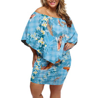 Blue Palaka Hawaiian And Japanese Family Matching Off Shoulder Short Dress and Hawaiian Shirt Sakura Lei With Koi Fish - Polynesian Pride