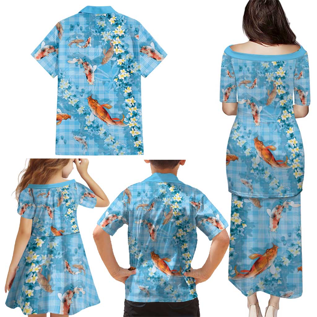 Blue Palaka Hawaiian And Japanese Family Matching Puletasi and Hawaiian Shirt Sakura Lei With Koi Fish - Polynesian Pride
