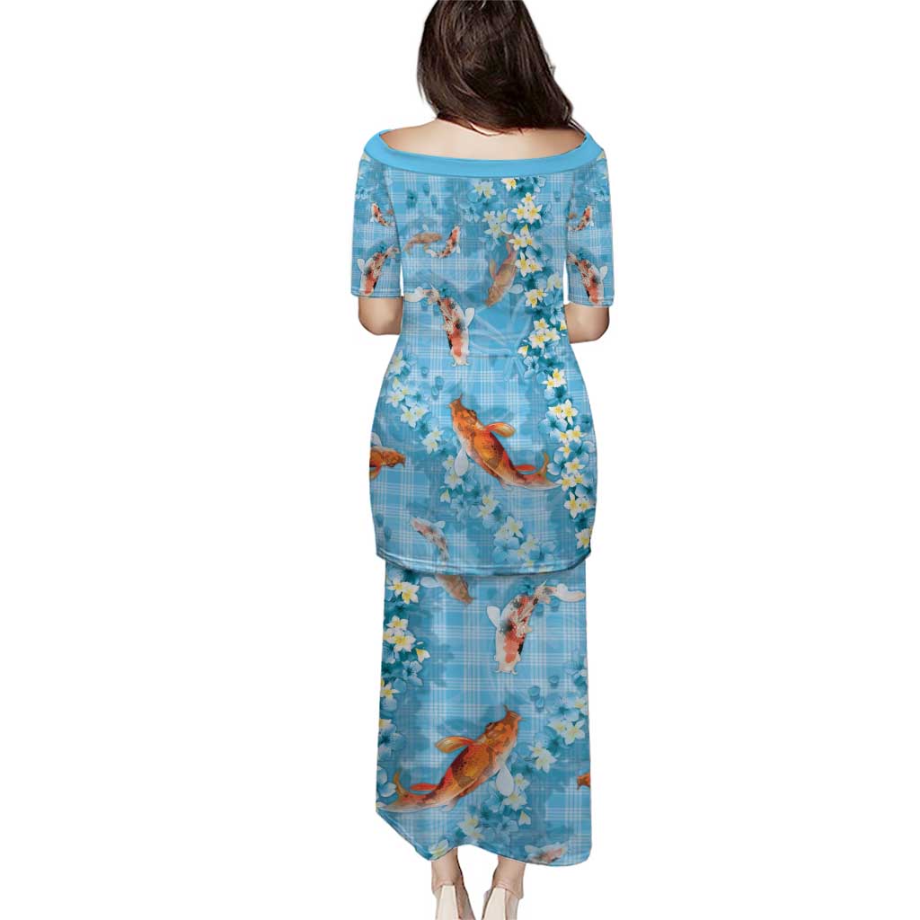 Blue Palaka Hawaiian And Japanese Family Matching Puletasi and Hawaiian Shirt Sakura Lei With Koi Fish - Polynesian Pride