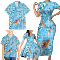 Blue Palaka Hawaiian And Japanese Family Matching Short Sleeve Bodycon Dress and Hawaiian Shirt Sakura Lei With Koi Fish - Polynesian Pride