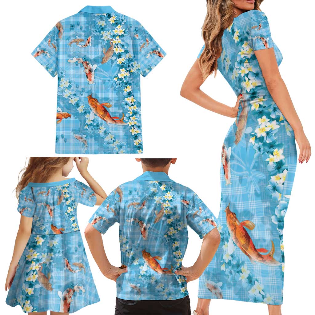 Blue Palaka Hawaiian And Japanese Family Matching Short Sleeve Bodycon Dress and Hawaiian Shirt Sakura Lei With Koi Fish - Polynesian Pride