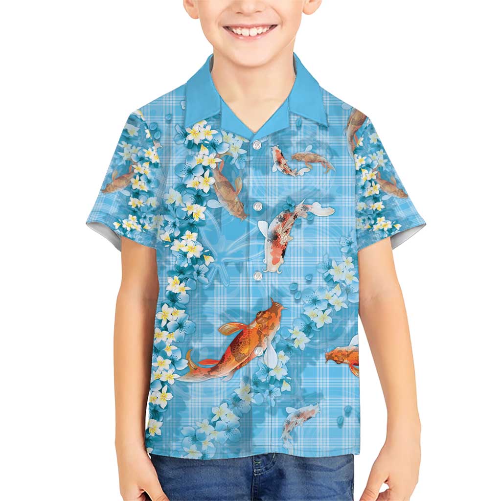 Blue Palaka Hawaiian And Japanese Family Matching Short Sleeve Bodycon Dress and Hawaiian Shirt Sakura Lei With Koi Fish - Polynesian Pride