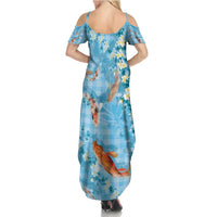 Blue Palaka Hawaiian And Japanese Family Matching Summer Maxi Dress and Hawaiian Shirt Sakura Lei With Koi Fish - Polynesian Pride