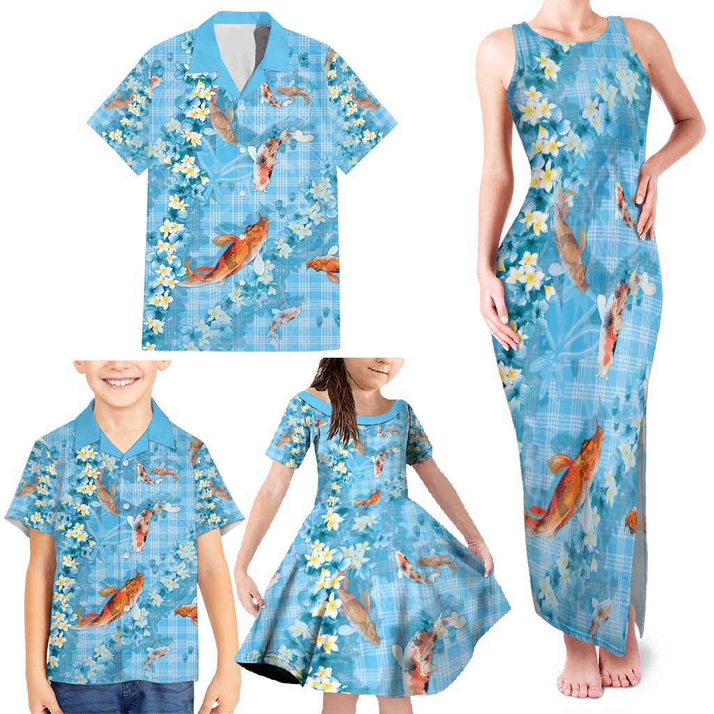 Blue Palaka Hawaiian And Japanese Family Matching Tank Maxi Dress and Hawaiian Shirt Sakura Lei With Koi Fish - Polynesian Pride