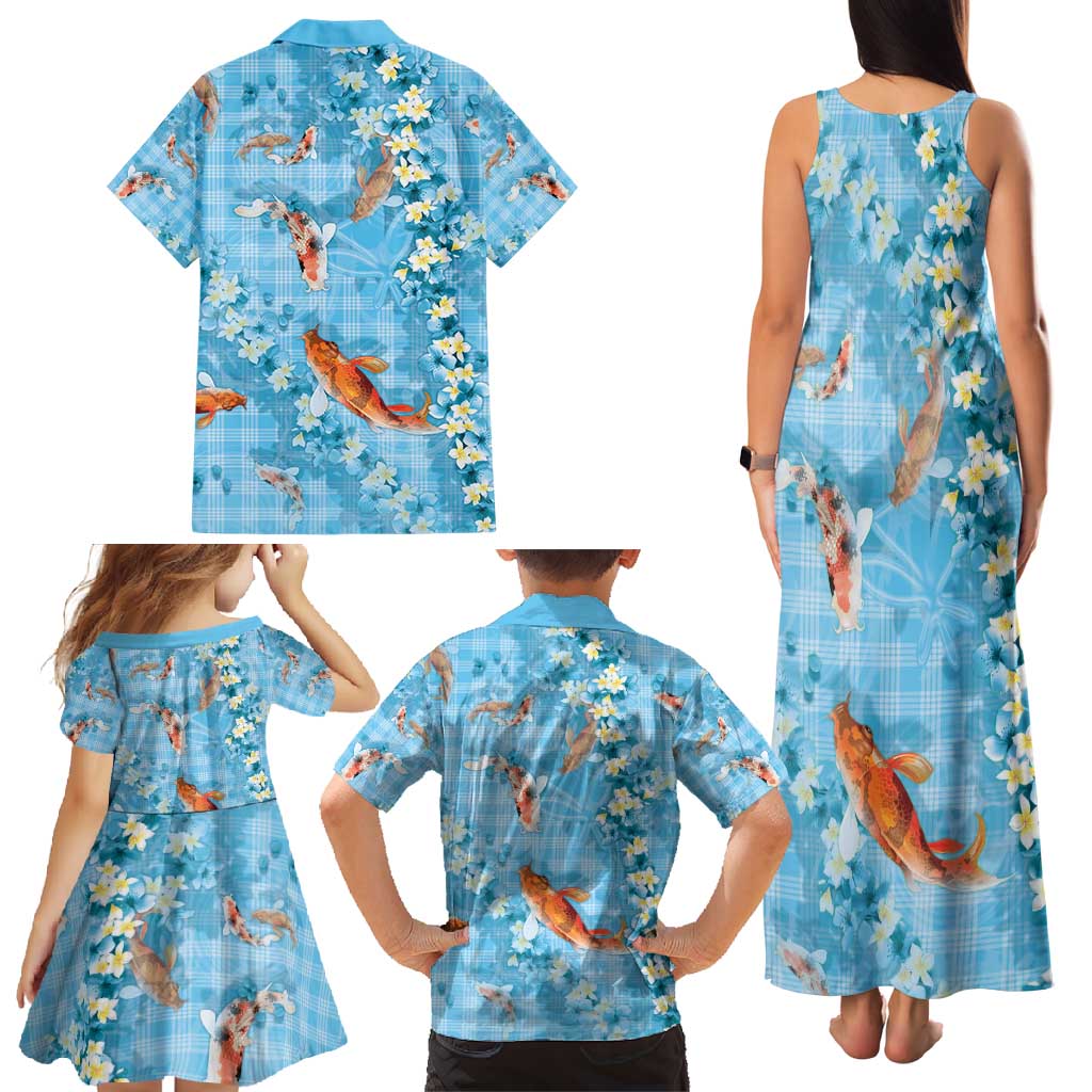 Blue Palaka Hawaiian And Japanese Family Matching Tank Maxi Dress and Hawaiian Shirt Sakura Lei With Koi Fish - Polynesian Pride