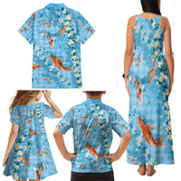 Blue Palaka Hawaiian And Japanese Family Matching Tank Maxi Dress and Hawaiian Shirt Sakura Lei With Koi Fish - Polynesian Pride