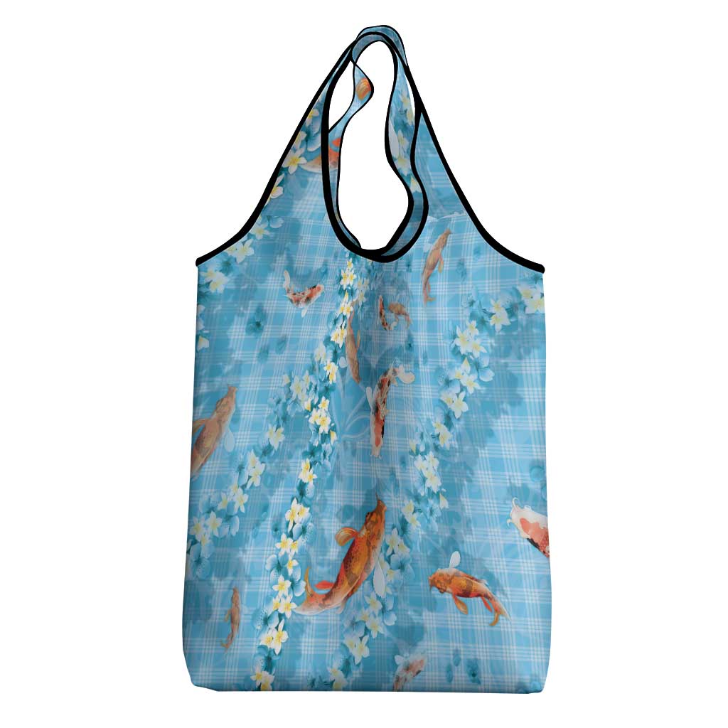 Blue Palaka Hawaiian And Japanese Grocery Bag Sakura Lei With Koi Fish - Polynesian Pride