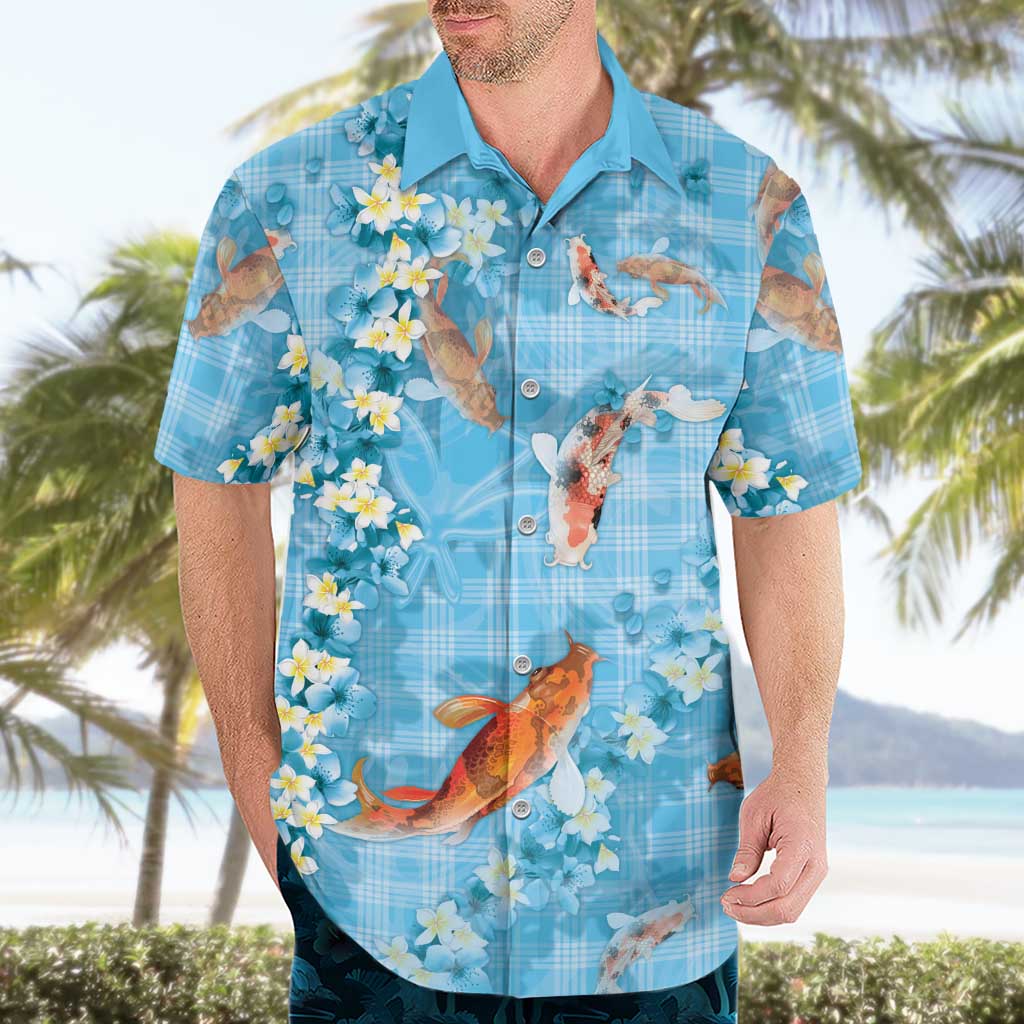 Blue Palaka Hawaiian And Japanese Hawaiian Shirt Sakura Lei With Koi Fish DT05 - Polynesian Pride