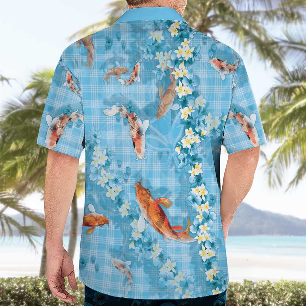 Blue Palaka Hawaiian And Japanese Hawaiian Shirt Sakura Lei With Koi Fish DT05 - Polynesian Pride