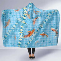Blue Palaka Hawaiian And Japanese Hooded Blanket Sakura Lei With Koi Fish DT05 One Size Blue - Polynesian Pride