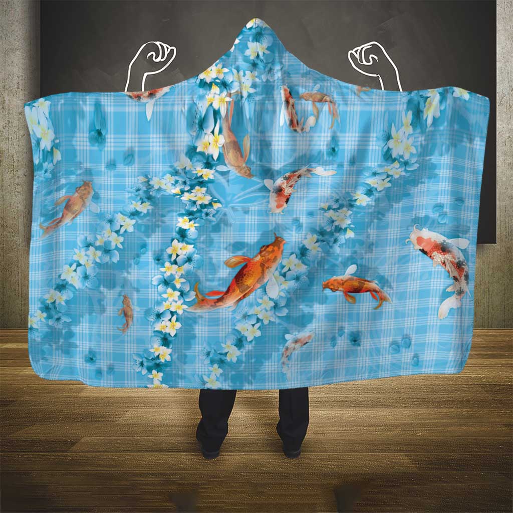 Blue Palaka Hawaiian And Japanese Hooded Blanket Sakura Lei With Koi Fish DT05 - Polynesian Pride
