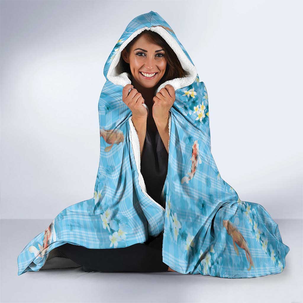 Blue Palaka Hawaiian And Japanese Hooded Blanket Sakura Lei With Koi Fish DT05 - Polynesian Pride