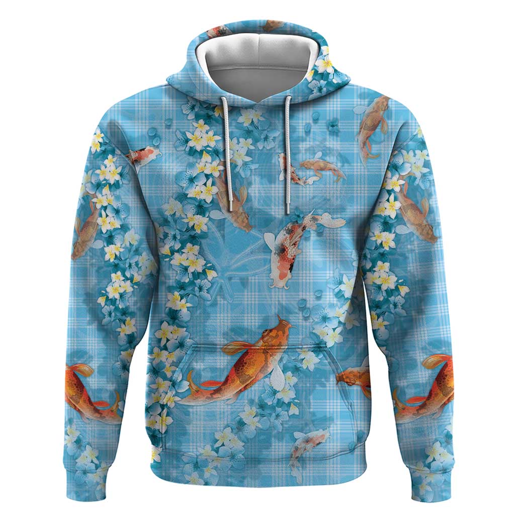 Blue Palaka Hawaiian And Japanese Hoodie Sakura Lei With Koi Fish - Polynesian Pride