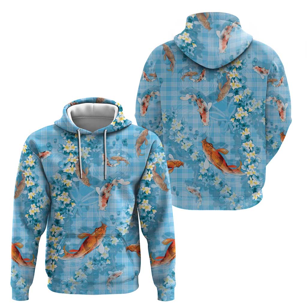 Blue Palaka Hawaiian And Japanese Hoodie Sakura Lei With Koi Fish - Polynesian Pride