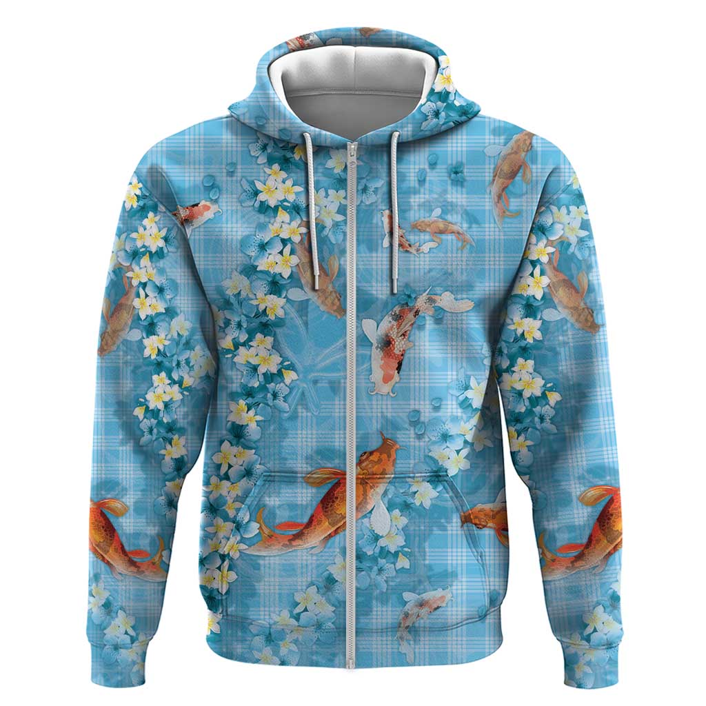 Blue Palaka Hawaiian And Japanese Hoodie Sakura Lei With Koi Fish - Polynesian Pride