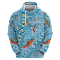 Blue Palaka Hawaiian And Japanese Hoodie Sakura Lei With Koi Fish - Polynesian Pride