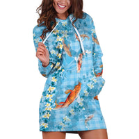 Blue Palaka Hawaiian And Japanese Hoodie Dress Sakura Lei With Koi Fish - Polynesian Pride