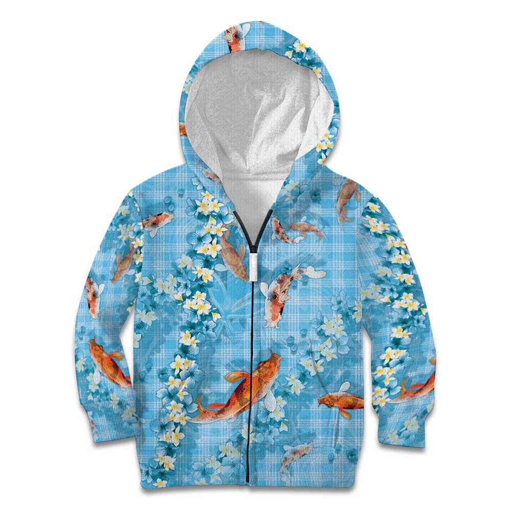 Blue Palaka Hawaiian And Japanese Kid Hoodie Sakura Lei With Koi Fish - Polynesian Pride