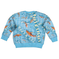 Blue Palaka Hawaiian And Japanese Kid Ugly Christmas Sweater Sakura Lei With Koi Fish - Polynesian Pride