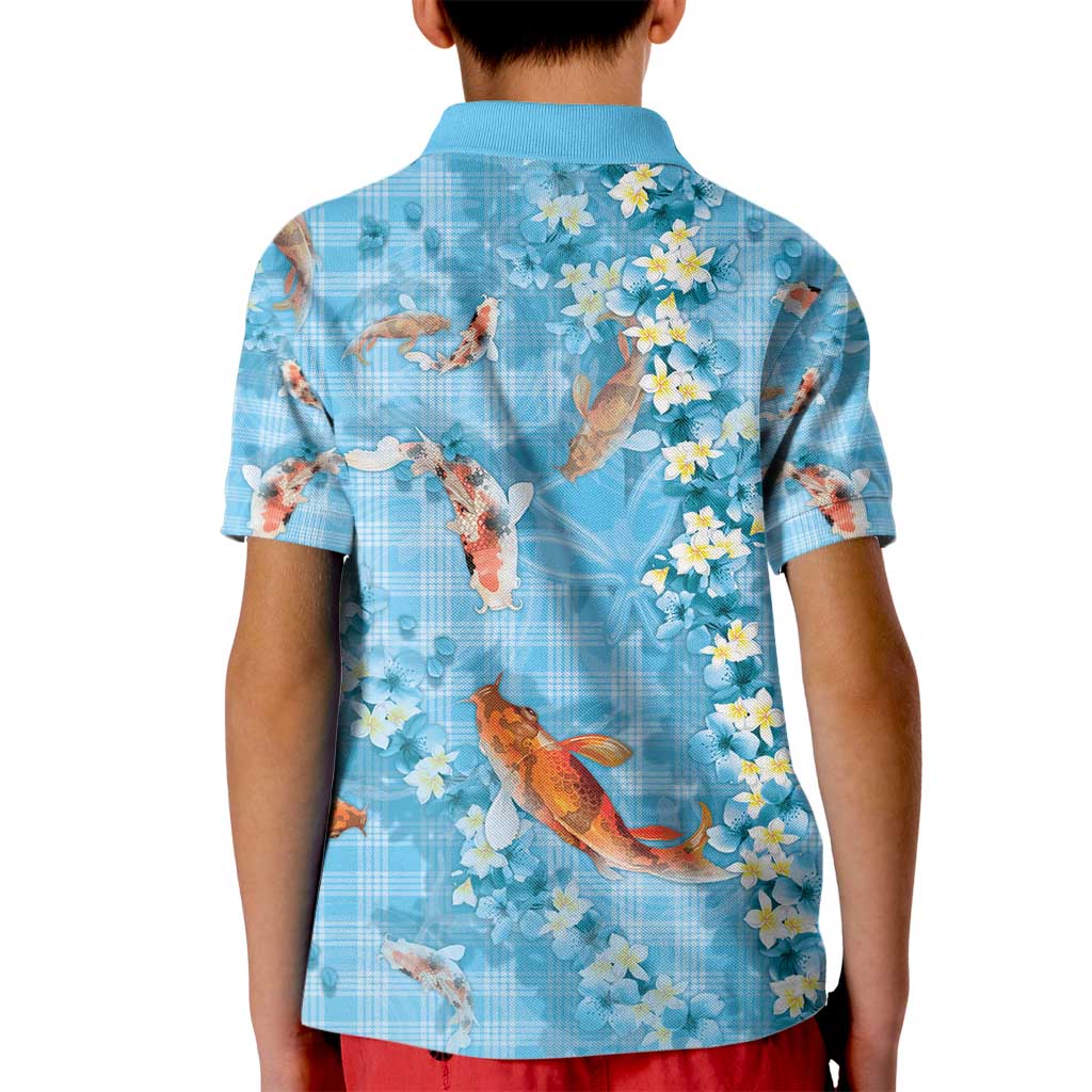 Blue Palaka Hawaiian And Japanese Kid Polo Shirt Sakura Lei With Koi Fish - Polynesian Pride