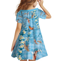Blue Palaka Hawaiian And Japanese Kid Short Sleeve Dress Sakura Lei With Koi Fish - Polynesian Pride