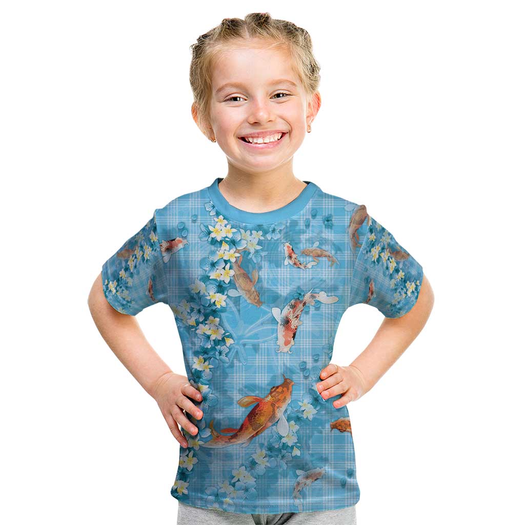 Blue Palaka Hawaiian And Japanese Kid T Shirt Sakura Lei With Koi Fish - Polynesian Pride
