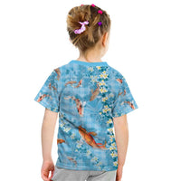 Blue Palaka Hawaiian And Japanese Kid T Shirt Sakura Lei With Koi Fish - Polynesian Pride