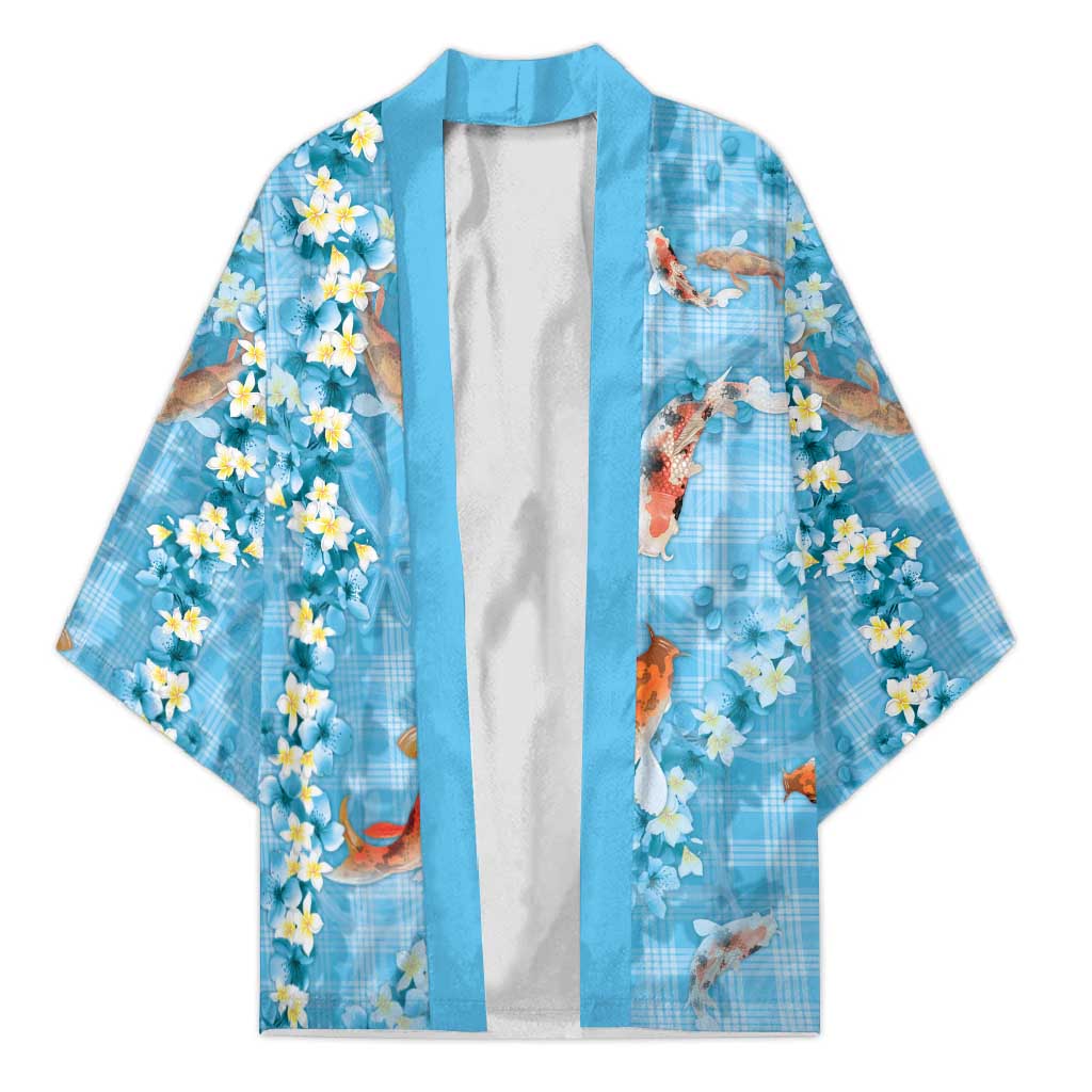 Blue Palaka Hawaiian And Japanese Kimono Sakura Lei With Koi Fish - Polynesian Pride