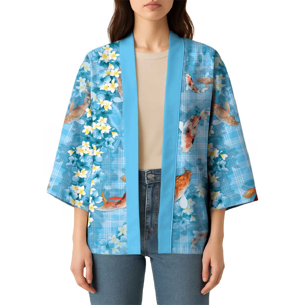 Blue Palaka Hawaiian And Japanese Kimono Sakura Lei With Koi Fish - Polynesian Pride
