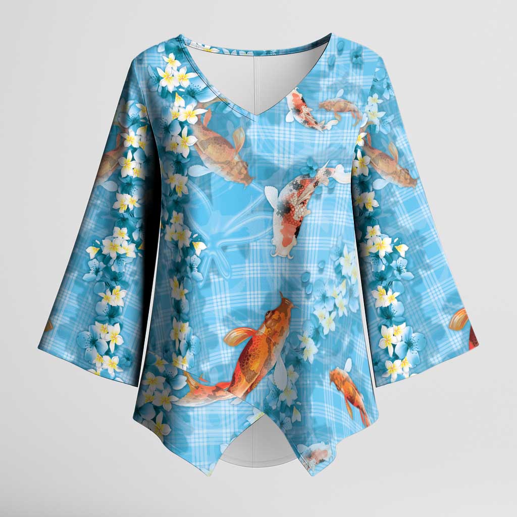 Blue Palaka Hawaiian And Japanese Kimono Sleeve Blouse Sakura Lei With Koi Fish DT05 Female Blue - Polynesian Pride