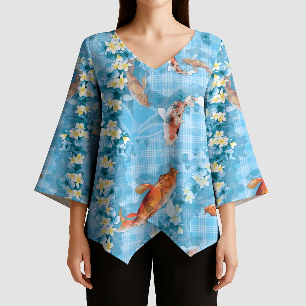 Blue Palaka Hawaiian And Japanese Kimono Sleeve Blouse Sakura Lei With Koi Fish DT05 - Polynesian Pride