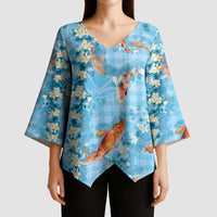 Blue Palaka Hawaiian And Japanese Kimono Sleeve Blouse Sakura Lei With Koi Fish DT05 - Polynesian Pride