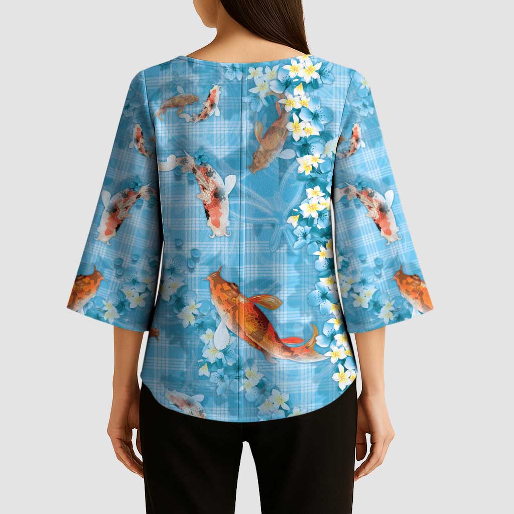 Blue Palaka Hawaiian And Japanese Kimono Sleeve Blouse Sakura Lei With Koi Fish DT05 - Polynesian Pride