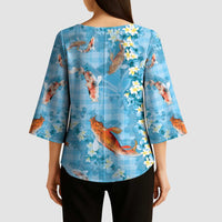 Blue Palaka Hawaiian And Japanese Kimono Sleeve Blouse Sakura Lei With Koi Fish DT05 - Polynesian Pride