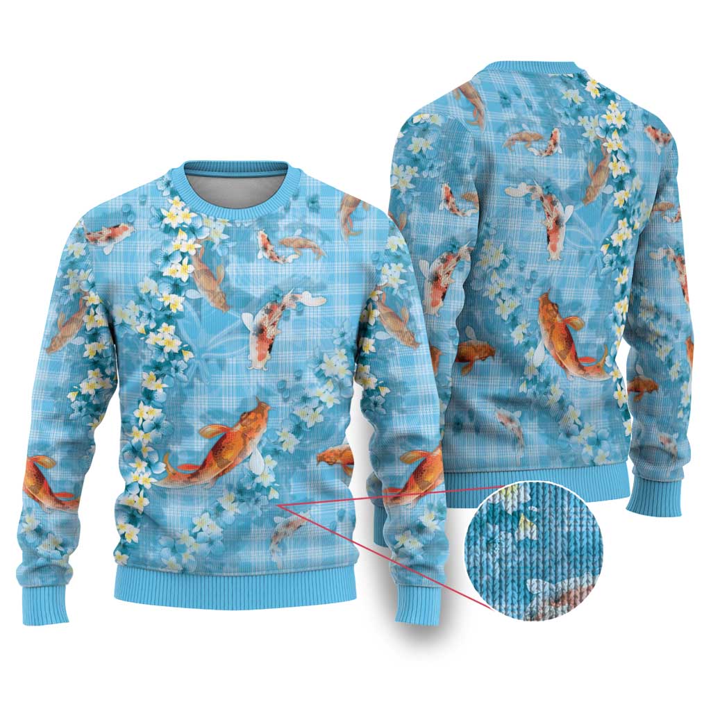 Blue Palaka Hawaiian And Japanese Ugly Christmas Sweater Sakura Lei With Koi Fish - Polynesian Pride