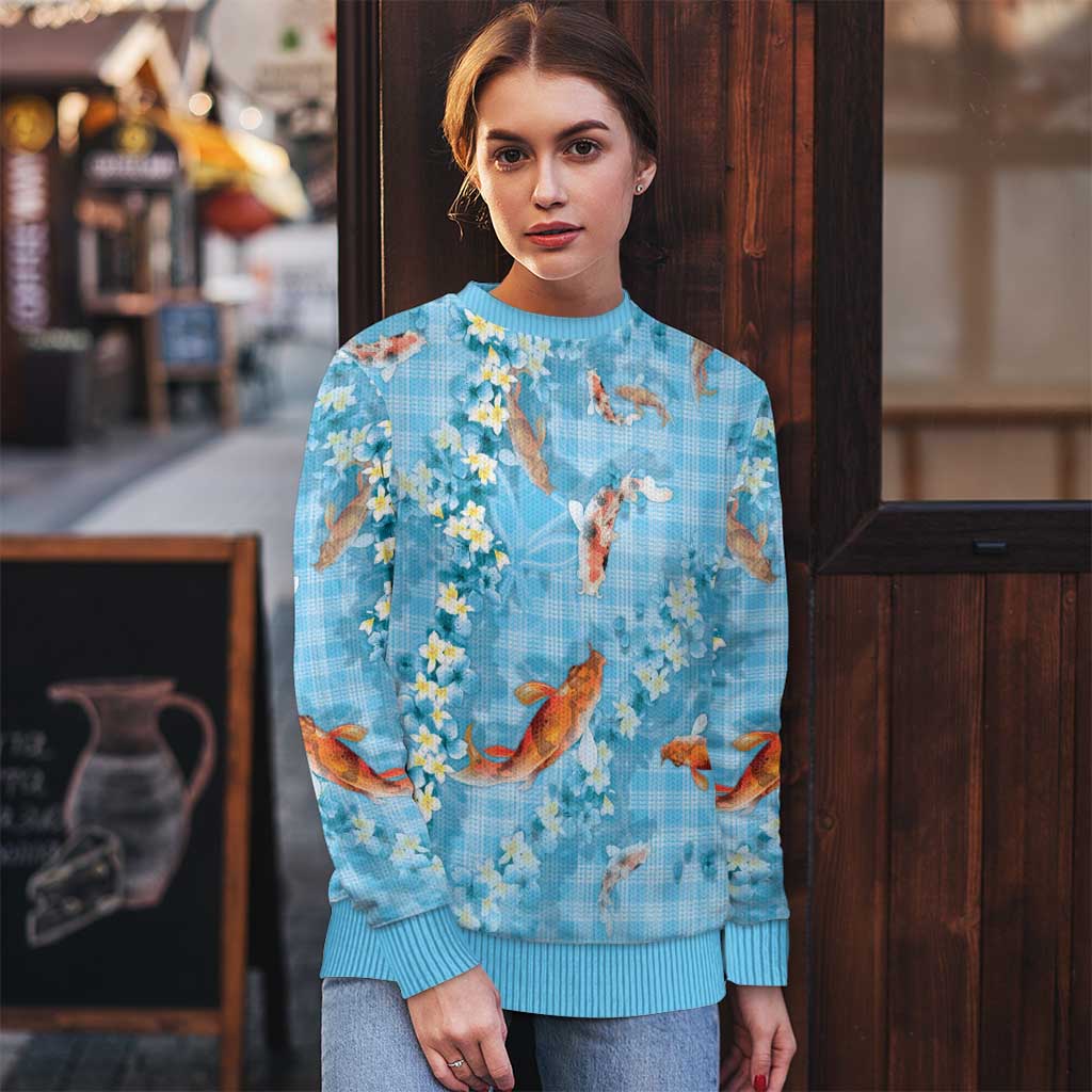 Blue Palaka Hawaiian And Japanese Ugly Christmas Sweater Sakura Lei With Koi Fish - Polynesian Pride