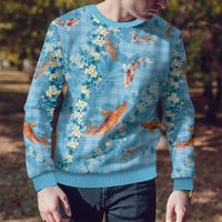 Blue Palaka Hawaiian And Japanese Ugly Christmas Sweater Sakura Lei With Koi Fish - Polynesian Pride