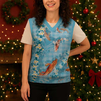 Blue Palaka Hawaiian And Japanese Christmas Knitted V-Neck Vest Sakura Lei With Koi Fish - Polynesian Pride